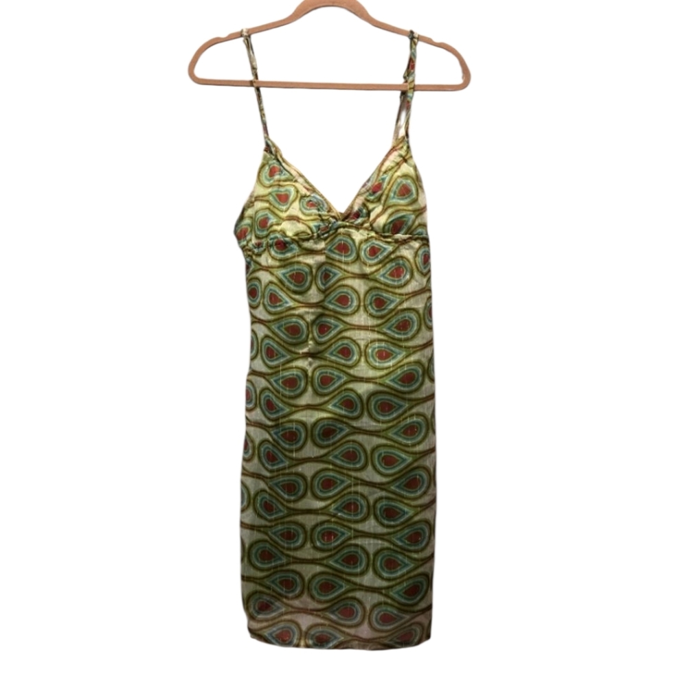 Vintage Y2K Dress M Midi Printed Sleeveless Green Bias Cut Vneck Sparkly Smocked